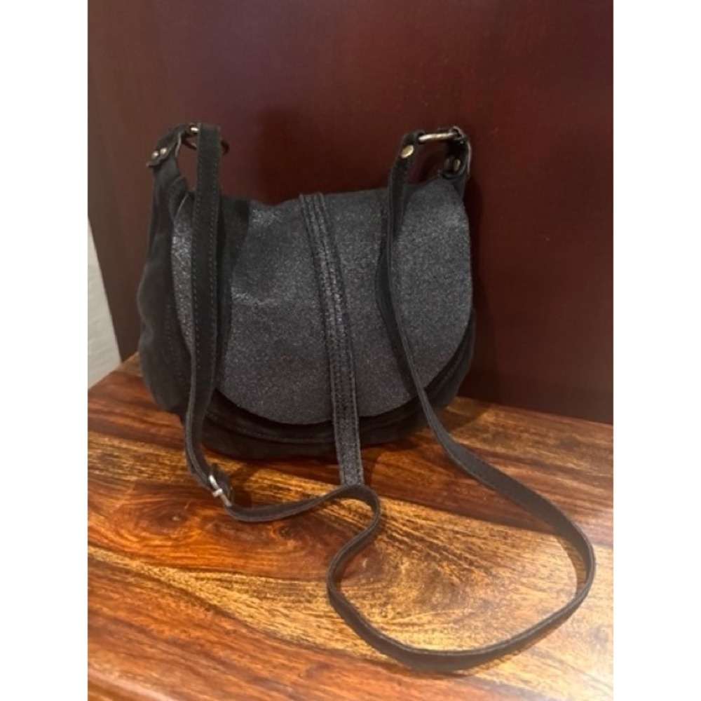 Cherry Paris Black Suede Crossbody Bag Shimmer Glitter Flap Boho Minimalist